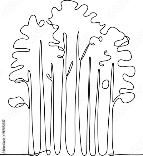 Continuous line forest trees vector illustration featuring abstract tall trunks and foliage in minimal single stroke style for nature design