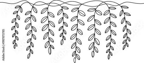 Continuous line hanging leaves vector illustration featuring botanical vine branches in minimal single stroke style for nature decorative design