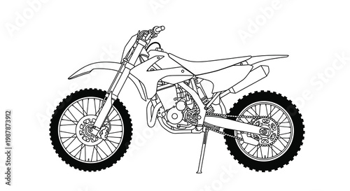 Line drawing of a dirt bike showcasing its mechanical features