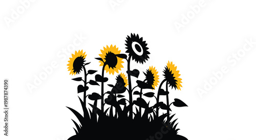 Stylized illustration of a cluster of sunflowers against a white background