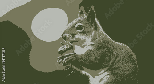 Curious fluffy red squirrel sits upright while holding a fresh brown acorn between its tiny paws in order to prepare a meal during the sunny autumn season within the local wild forest