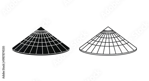 Two traditional conical asian hats in black and white outline