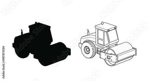 Line drawing and silhouette of a steamroller construction vehicle