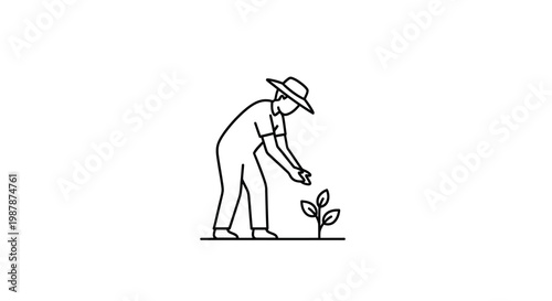 A simple line drawing depicts a person carefully tending to a young plant