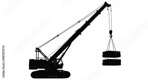Heavy machinery crane with cargo depicted in stark silhouette