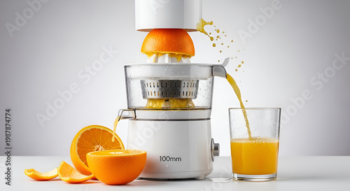 Electric citrus juicer extracting fresh orange juice into glass cup on white table against bright studio background with halved oranges
