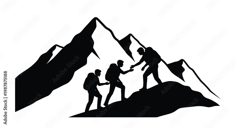 Εκτύπωση καμβά Teamwork conquering a mountain peak assisting each other a silhouette