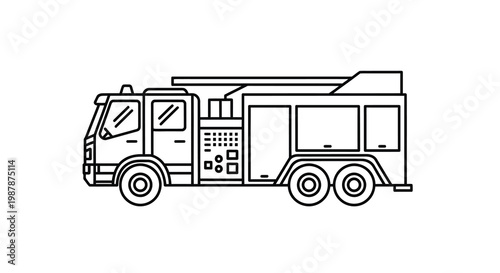 Line art illustration of a large fire engine vehicle side view