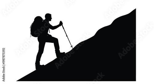 Hiker ascends a mountain slope with trekking poles a striking silhouette