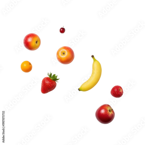 Assorted Fresh Fruits Including Apples, Banana, and Strawberries Falling or Floating Isolated on White Background