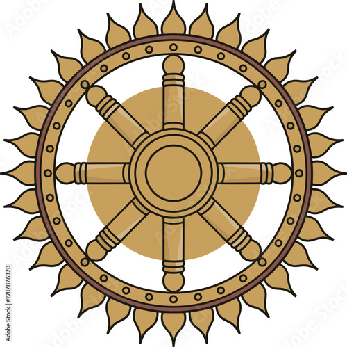 Dharma Wheel with sunburst backdrop symbolizing Buddhist teachings and enlightenment