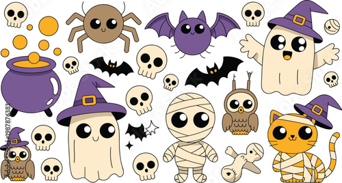 Cute cartoon Halloween character set with ghosts mummy witch cat owl spider bat skulls and cauldron vector illustration