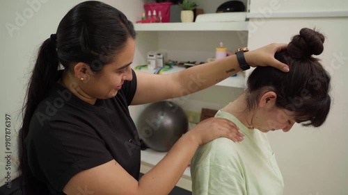 Female physical therapist performing a neck adjustment on a patient in a rehabilitation clinic, mobilizing her cervical spine to relieve pain and improve movement