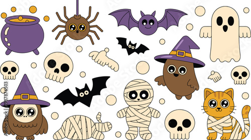 Cute cartoon Halloween character set with ghosts mummy witch cat owl spider bat skulls and cauldron vector illustration