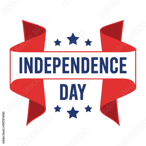 Independence Day banner shows bold blue lettering centered on a red ribbon with stars.