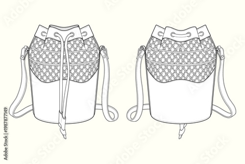 Geometric Lattice Drawstring Bucket Bag with Structured Base and Adjustable Shoulder Strap Technical Flat Sketch