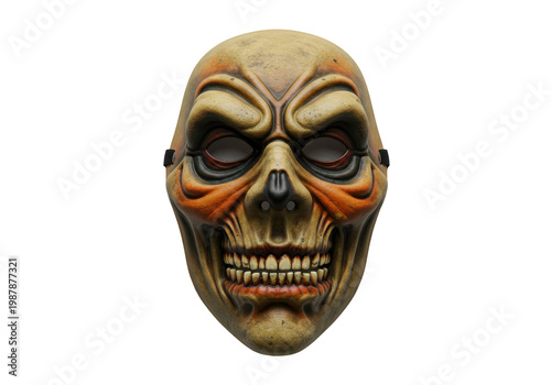Creepy Halloween skull mask with intricate details against a plain background