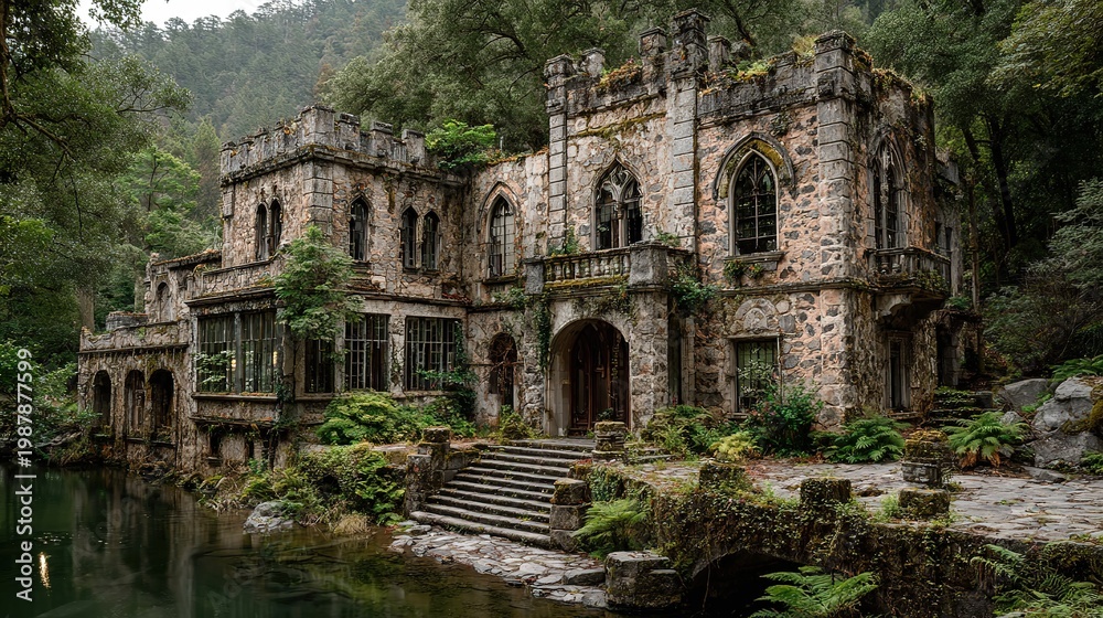 Fototapeta premium Abandoned castle interior bathed in soft natural light streaming through large floor to ceiling windows and expansive glass walls.