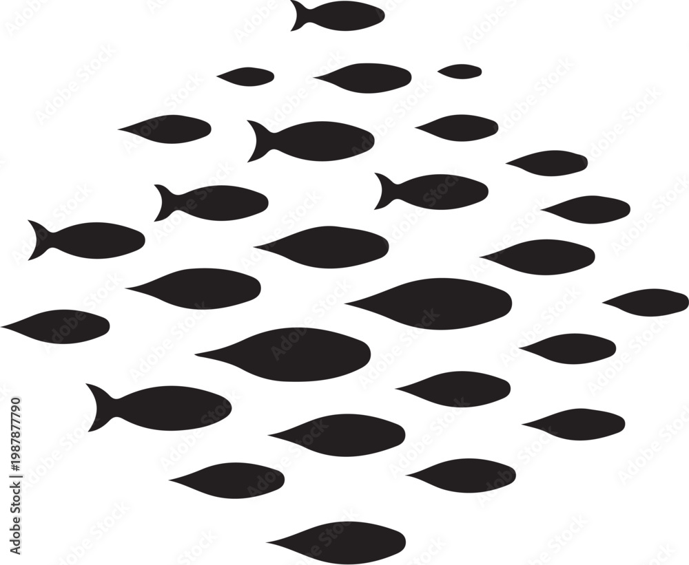 Fototapeta premium Black fish school vector icons, silhouette fish collection, aquatic animal symbols, vector graphics