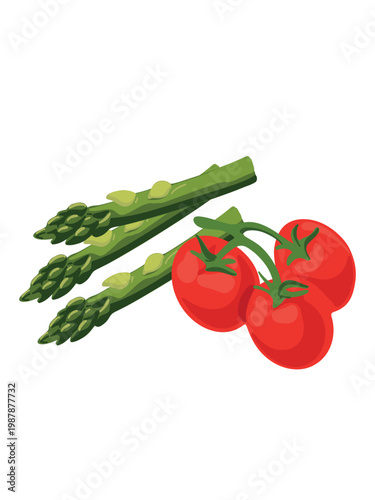 fresh asparagus with ripe tomatoes close up macro detail on clean white background
