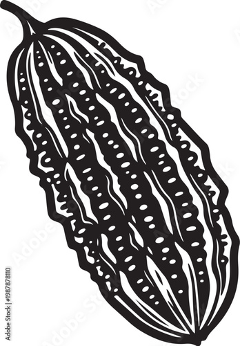 Bitter melon, black and white illustration, vegetable icon, food art