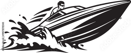 Speedboat, racing boat, water sports, black and white vector, nautical icon