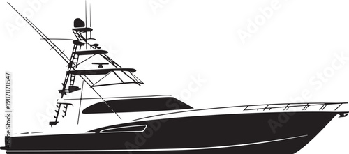 Sleek fishing boat, black yacht, vector illustration, nautical vessel
