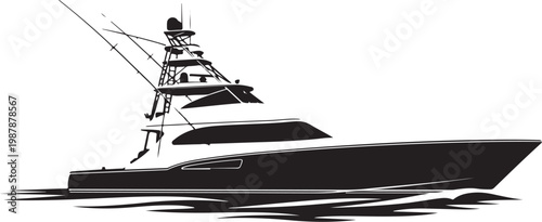 Sleek fishing boat, black yacht, vector illustration, nautical design, watercraft
