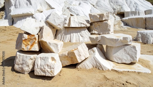 Large irregular pieces of white calcium carbonate limestone rock with geological stria scattered on sandy ground