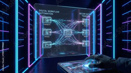 Digital workflow automation and secure data transfer management system with cloud file organization on futuristic holographic interface in server room for efficient document processing technology.