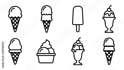 Gelato & Ice Cream Icon Set on PNG Background, gelato, ice cream, dessert, cone, scoop, double scoop, popsicle, sundae, cherry, cup, whipped cream, sweet, frozen, treat, food, snack, summer, cold, 