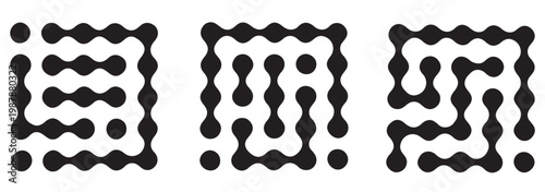 Connected dots vector signs. Innovation abstract symbol. Circles simple organic pattern. Metaball icons. Point movement. Connected blobs. Metaballs transition. Set of flat logos