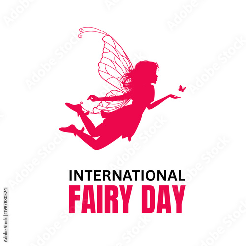 Professional vector graphic for International Fairy Day. Featuring a pink fairy silhouette with butterfly wings, this whimsical design is perfect for fantasy events and social media.