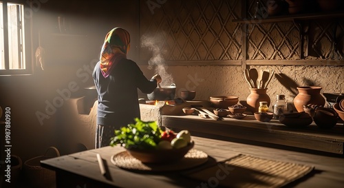 woman cooking in rustic kitchen with steaming pot