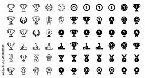 Collection of black and white award icons and symbols representing achievement and recognition