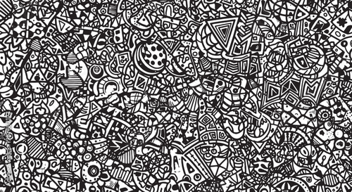 Black chaotic maximalist pattern, dense abstract composition, trendy vector