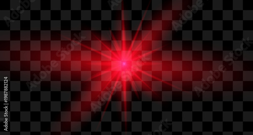 Red light effect reflections, neon illumination in red colors. Bright light lens. Police light effects, lines. Shiny stars, glowing sparks on a black background.
