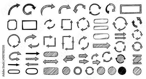 Collection of hand drawn arrows circles squares and lines in a doodle style arrangement