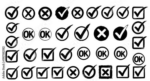 Collection of black and white checkmark and cross symbols approval disapproval and status indicators