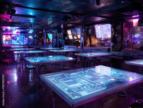 Vibrant Nightclub Scene With Neon Lights And Glowing Tables In A Modern Urban Setting
