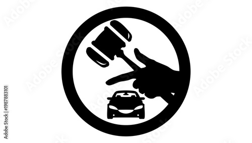 index finger of hand with hammer pointing to car auction, black isolated silhouette