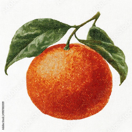 Vibrant Orange Fruit with Green Leaves on a Stem Detailed Textured Illustration on White Background