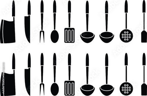 Kitchen utensil silhouette icons for cooking and food preparation