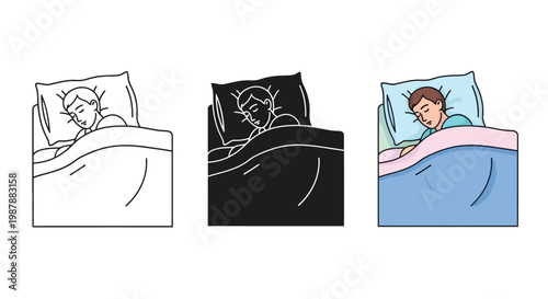 A flat vector graphic illustration showing a young person sleeping soundly in a cozy bed with three different styles including outline silhouette and colorful version