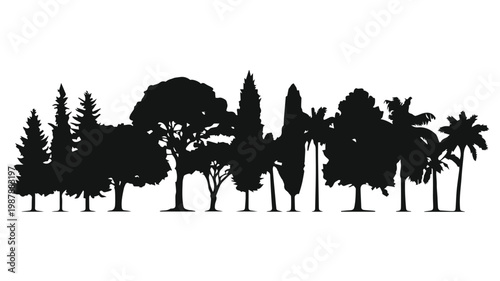 Silhouette Symphony: An elegant silhouette of various tree species creates a tranquil forest panorama, each form standing in harmony against the backdrop. 