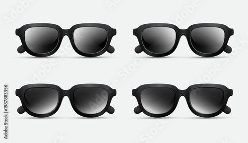 Four pairs of modern black sunglasses with dark lenses on white background.
