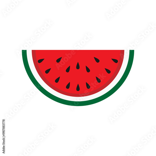 Watermelon fruit slice isolated on white background with red pulp and black seeds.