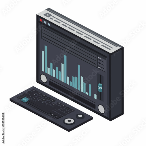 Isometric Detailed Music Production Software Application with Keyboard and Monitor