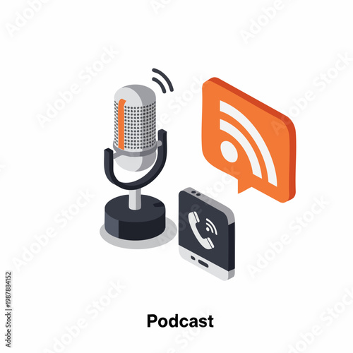 Isometric Detailed Podcast Recording Device and Mobile Phone Icon Illustration
