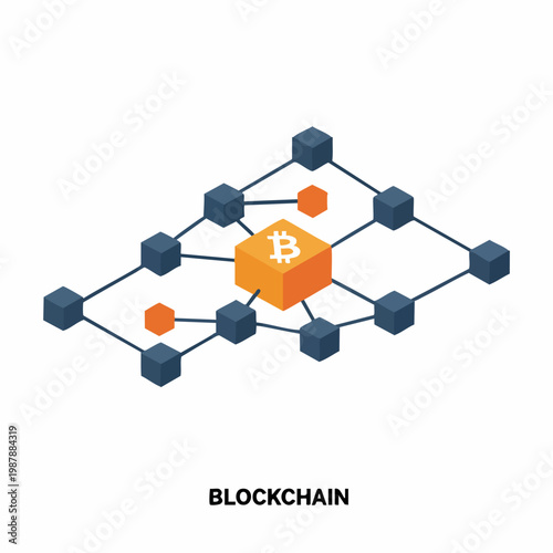 Isometric 3D Bitcoin Network Connection with Cubes and Dots Blockchain Illustration